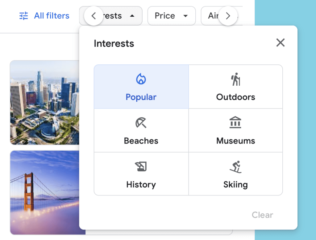 Google Flights Explore feature with filters for interests like beaches, museums, and skiing to help users find destinations based on activities.